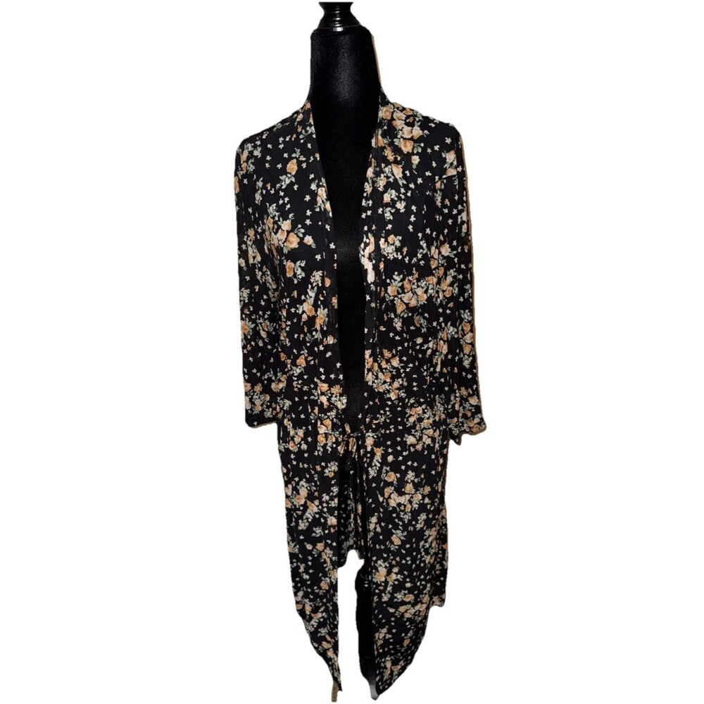 Siren Lily 2X Floral Print Open Front Tie At The Waist Long Sleeve Duster